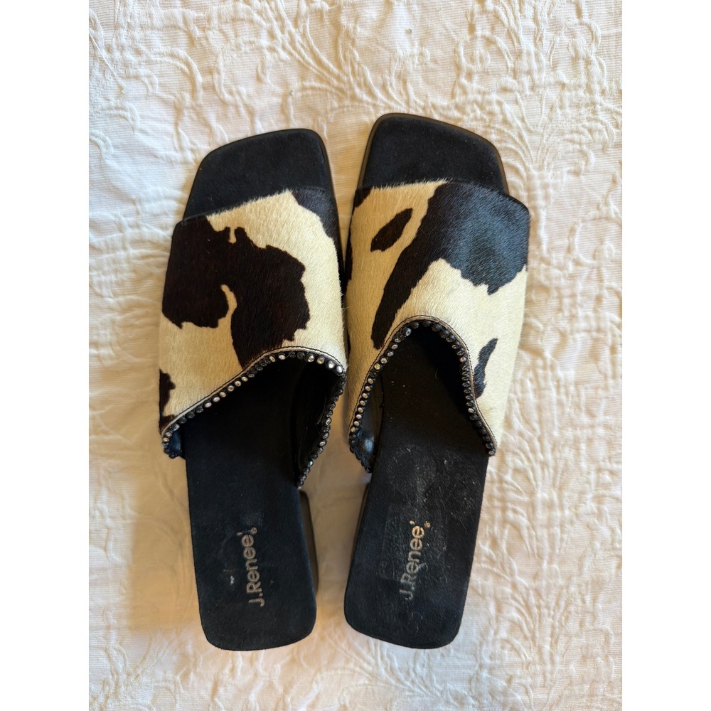 J. Renee Cow Print Calf Hair Slide Sandals Square Toe Block Heel Mules 10.5W